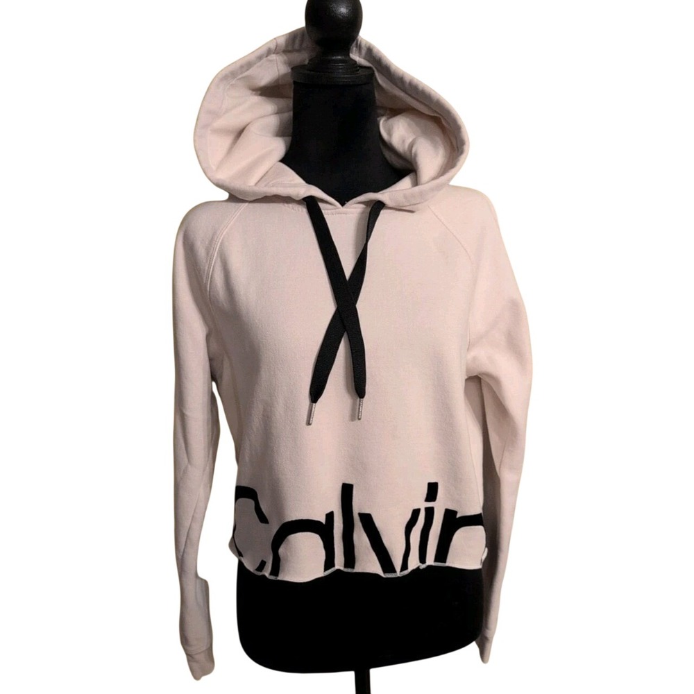 Calvin Klein Performance Women's Cream And Black Logo Crop Hoodie Sz Small